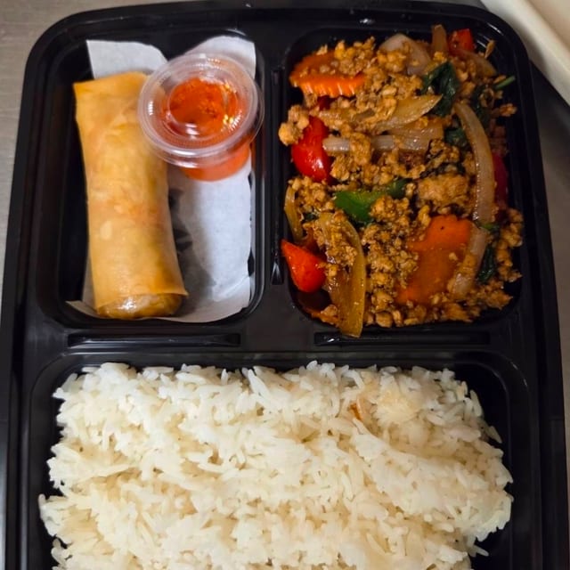 Chicken Basil with Egg Roll.