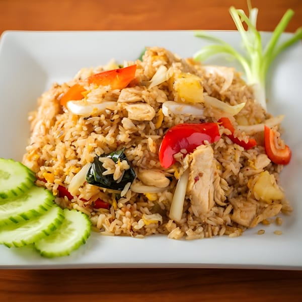 SaiMai Thai Restaurant's pineapple fried rice with chicken, red bell peppers, and cucumber slices.