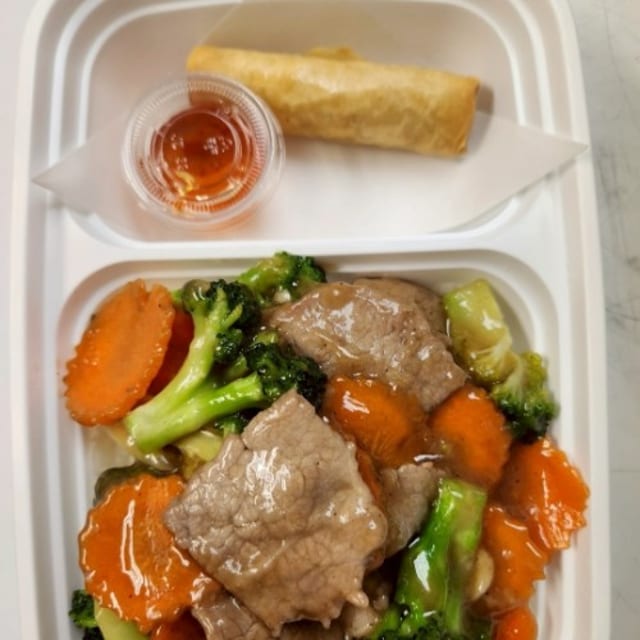 Broccoli with Egg Roll.