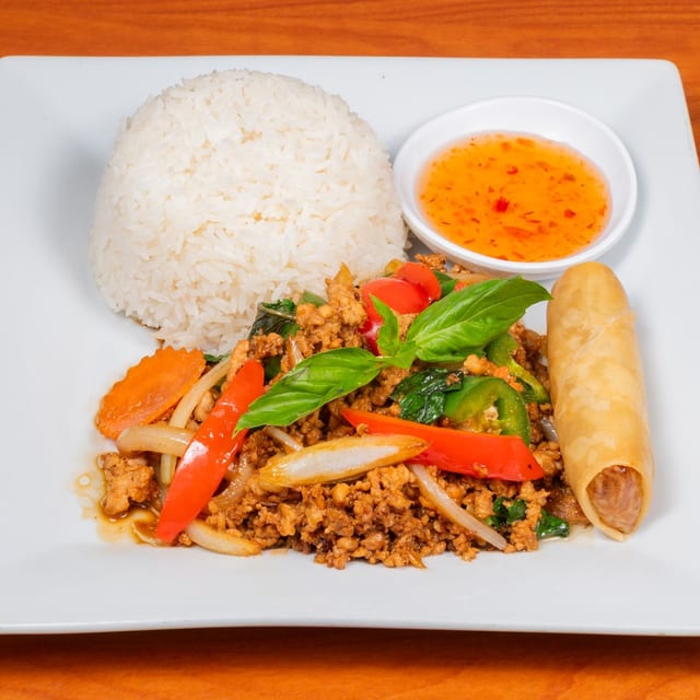 Chicken Basil with Egg Roll.